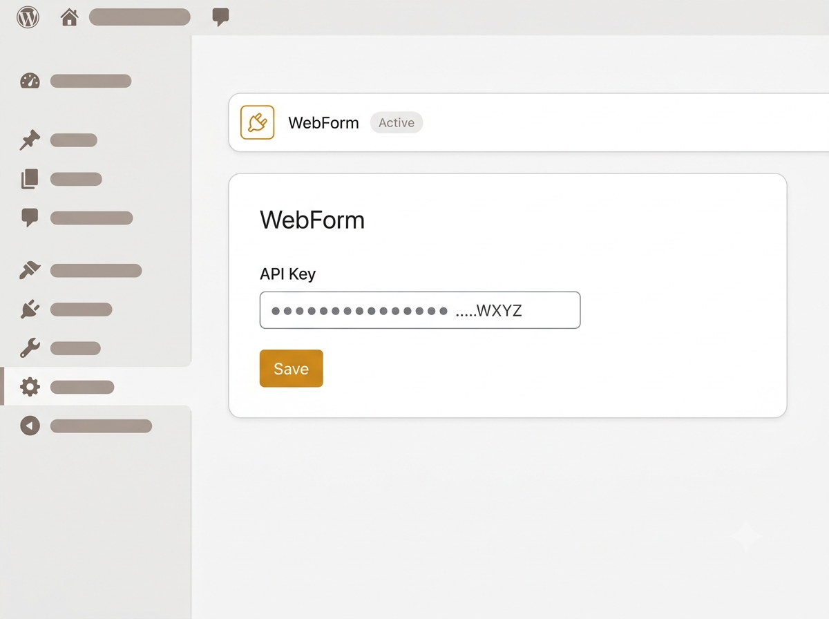 The WebForm plugin in WordPress, with an API key pasted into its settings.