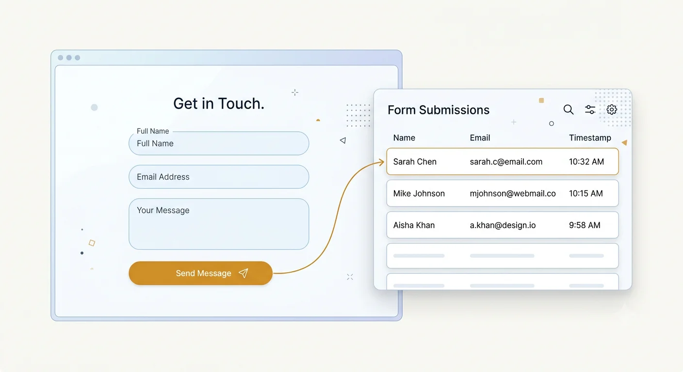 A contact form on a website, with its submission arriving in the WebForm dashboard.