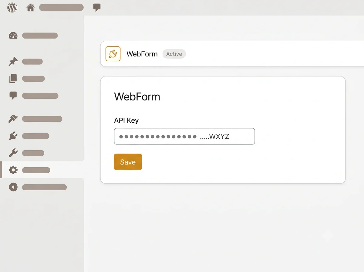 The WebForm plugin in WordPress, with an API key pasted into its settings.